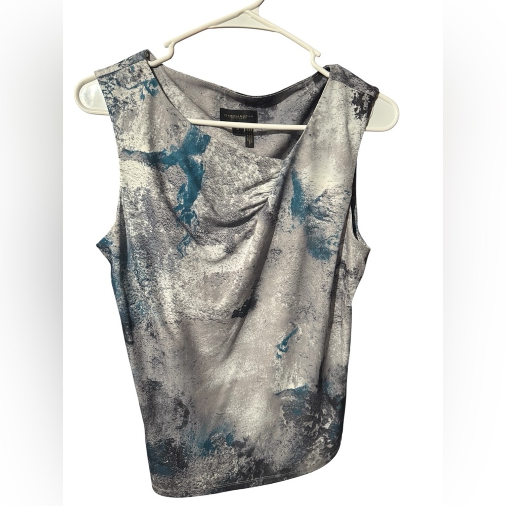 Donna Karan White and Gray Graphic Ruched Tank Top
